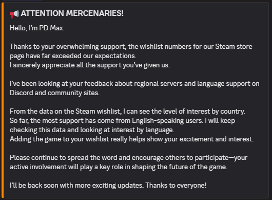 Screenshot of PD Max sharing Steam wishlist stats and discussing regional interest and language support in GunZ: The Duel